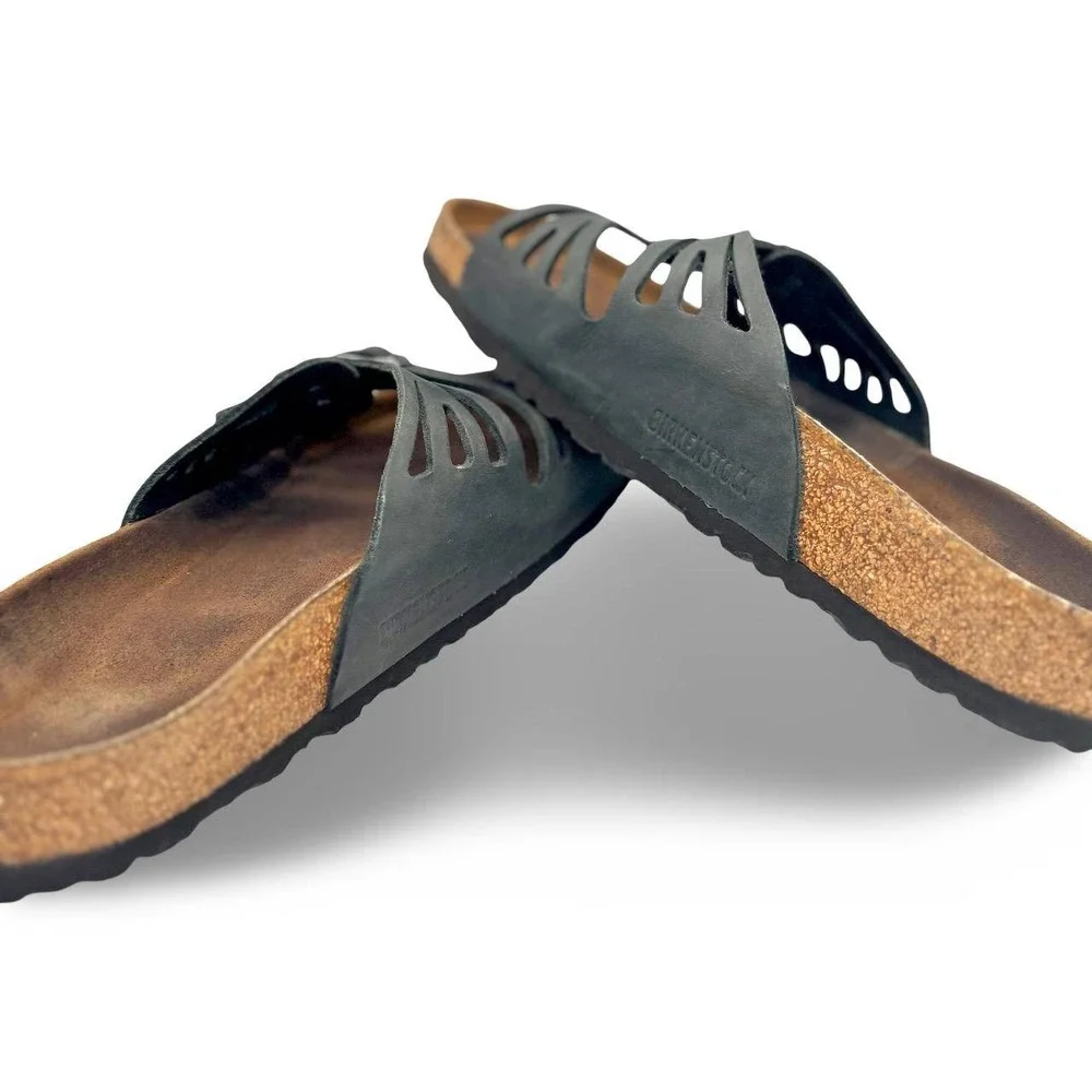 Birkenstock Womens Granada Sandals 42 Gray Black Leather Buckle Slide Cutout